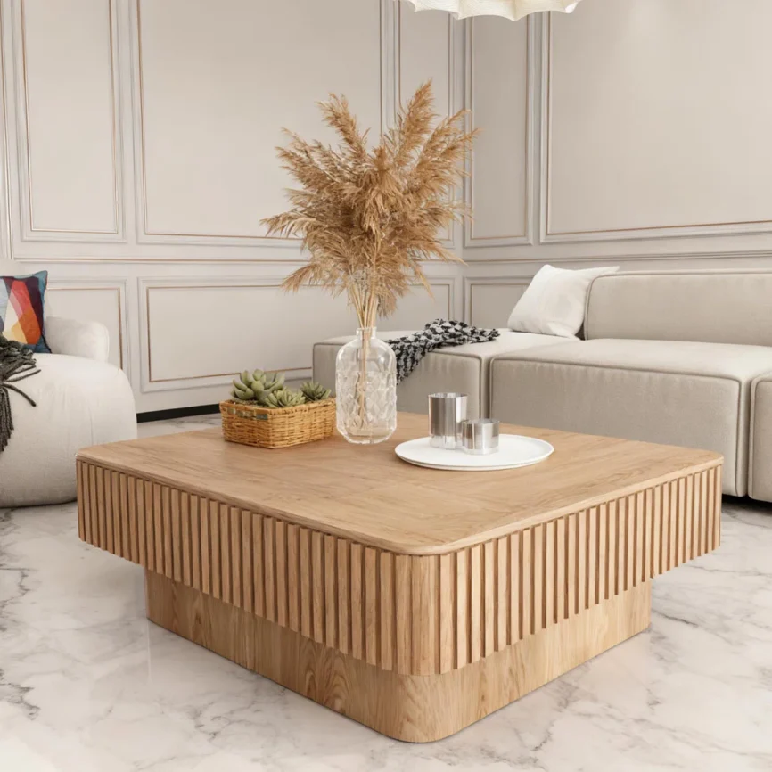 Elysian Flute Lift-Top Coffee Table in natural wood finish with fluted design, lift-top storage compartment, and soft-close hydraulic mechanism