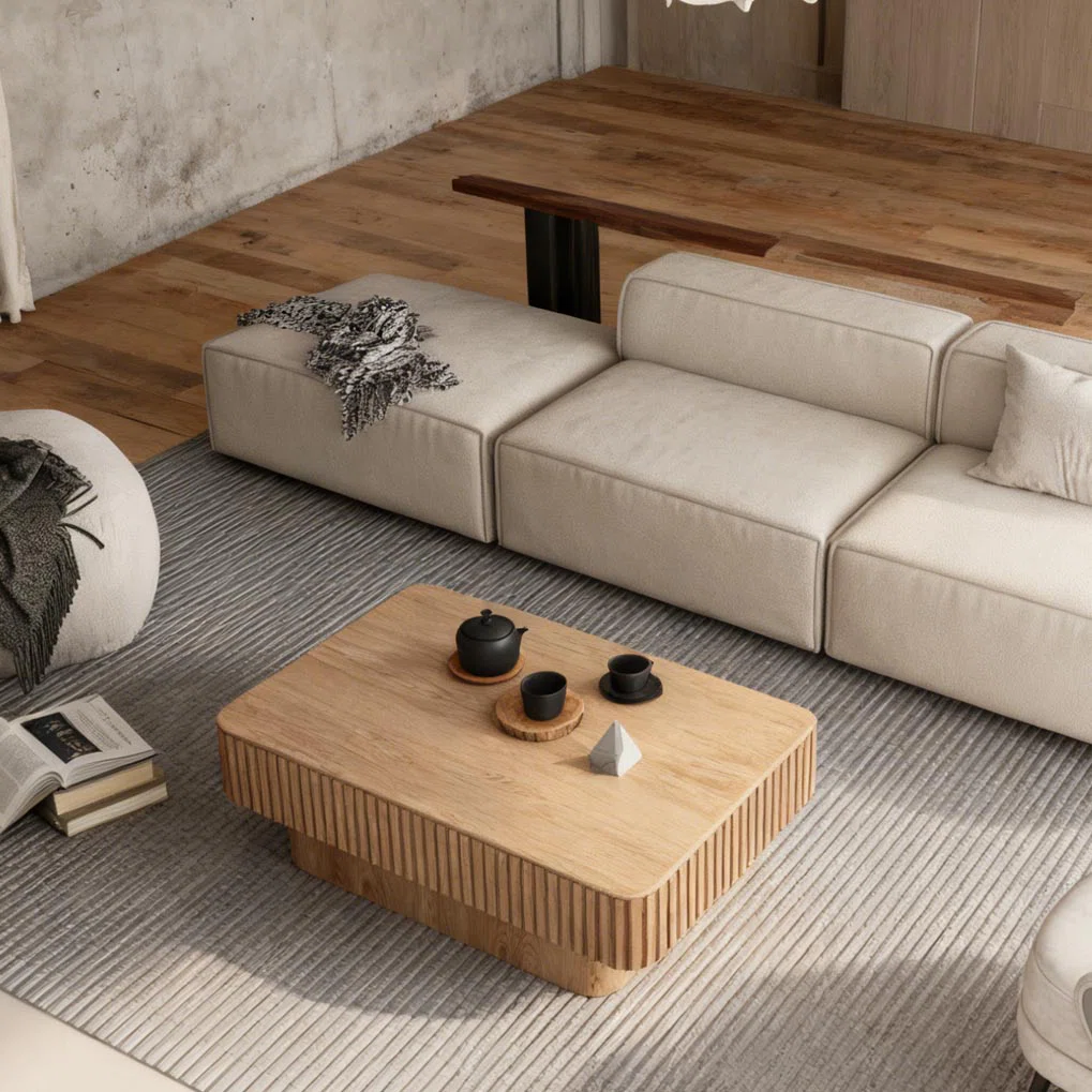 Elysian Flute Lift-Top Coffee Table in natural wood finish with fluted design, lift-top storage compartment, and soft-close hydraulic mechanism
