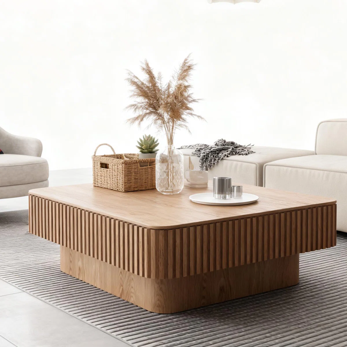 Elysian Flute Lift-Top Coffee Table in natural wood finish with fluted design, lift-top storage compartment, and soft-close hydraulic mechanism