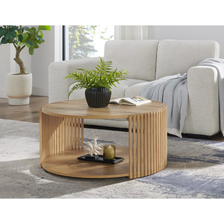 Round wood slatted coffee table with open shelf and hidden wheels, modern design in neutral finish.