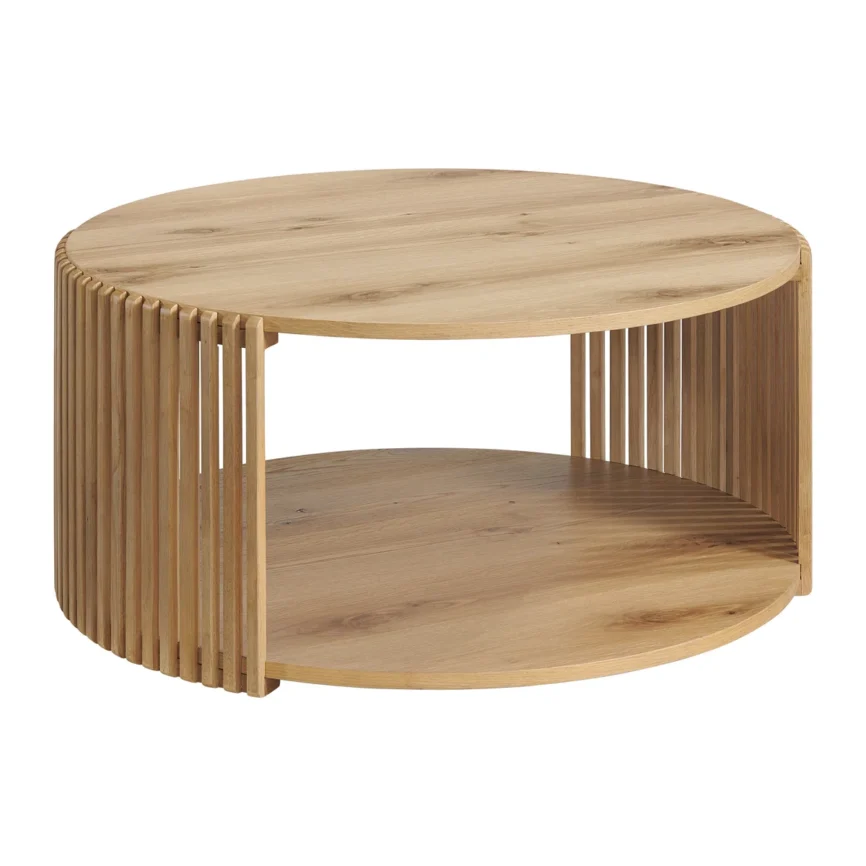 Round wood slatted coffee table with open shelf and hidden wheels, modern design in neutral finish.