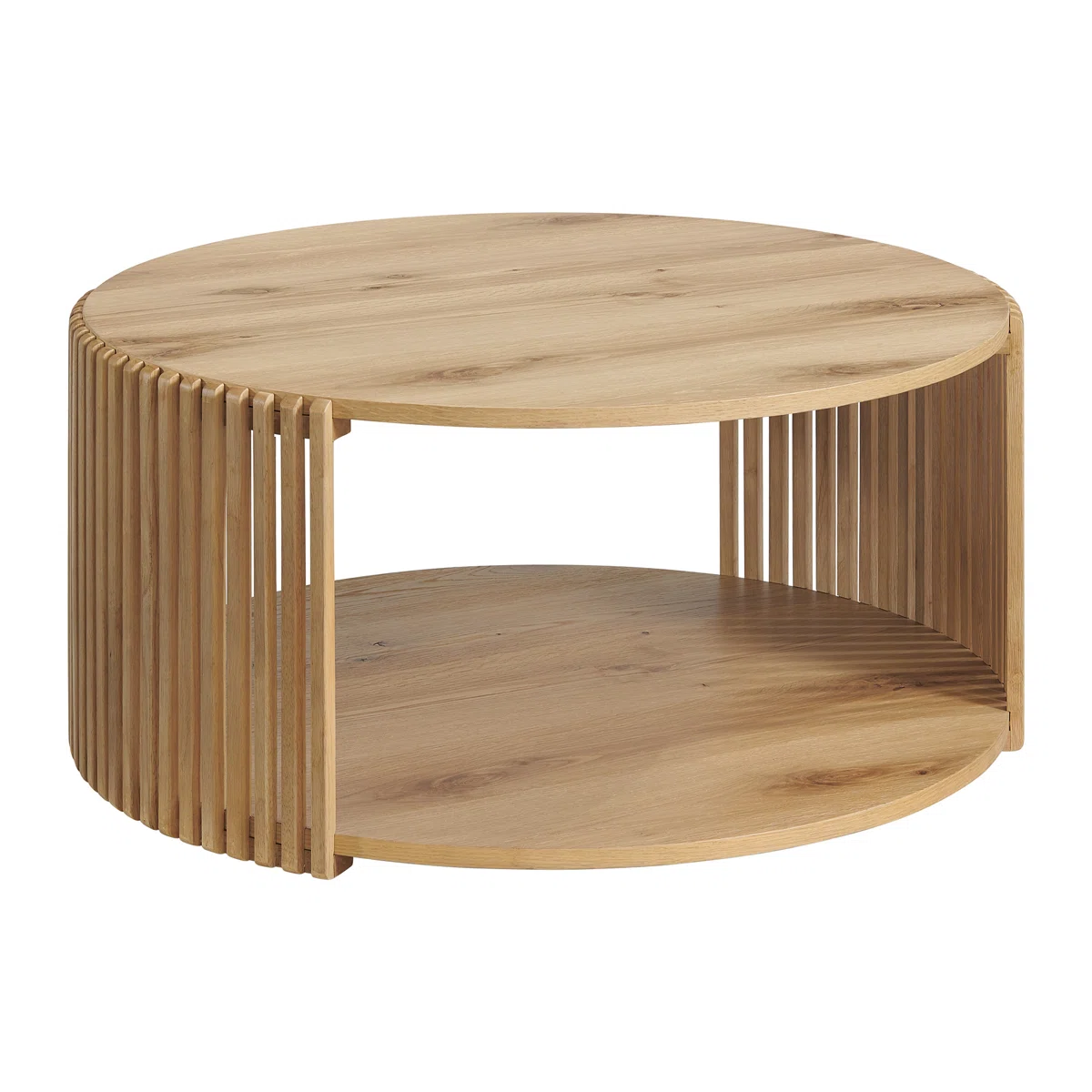 Round wood slatted coffee table with open shelf and hidden wheels, modern design in neutral finish.