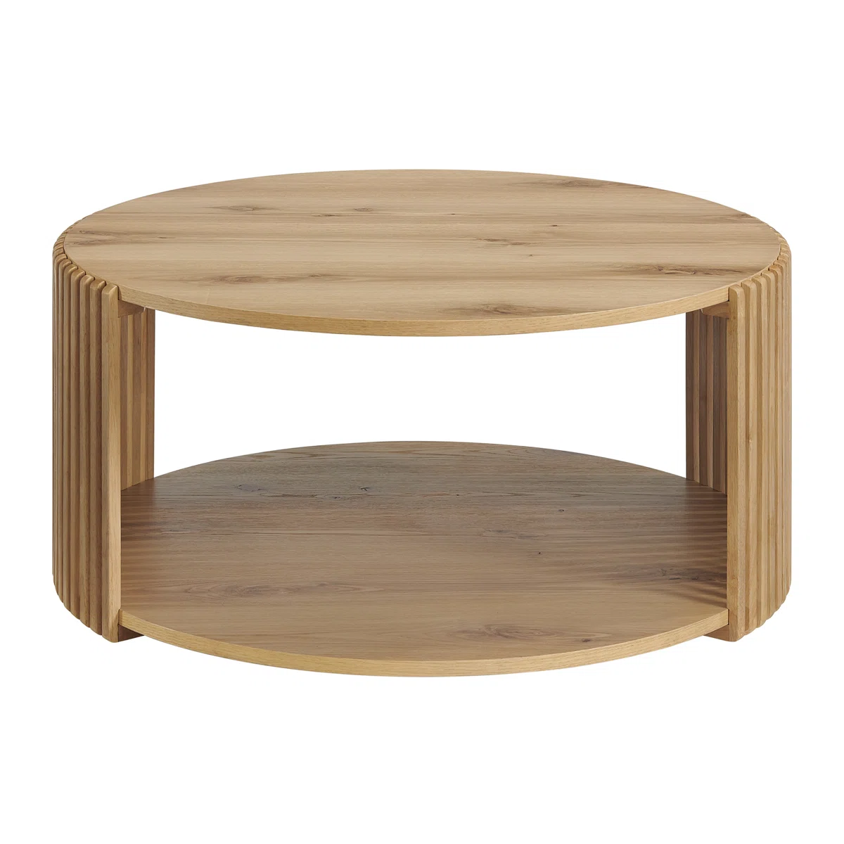 Round wood slatted coffee table with open shelf and hidden wheels, modern design in neutral finish.