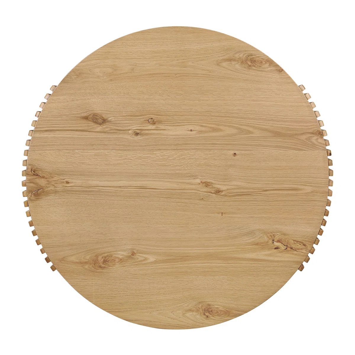 Round wood slatted coffee table with open shelf and hidden wheels, modern design in neutral finish.