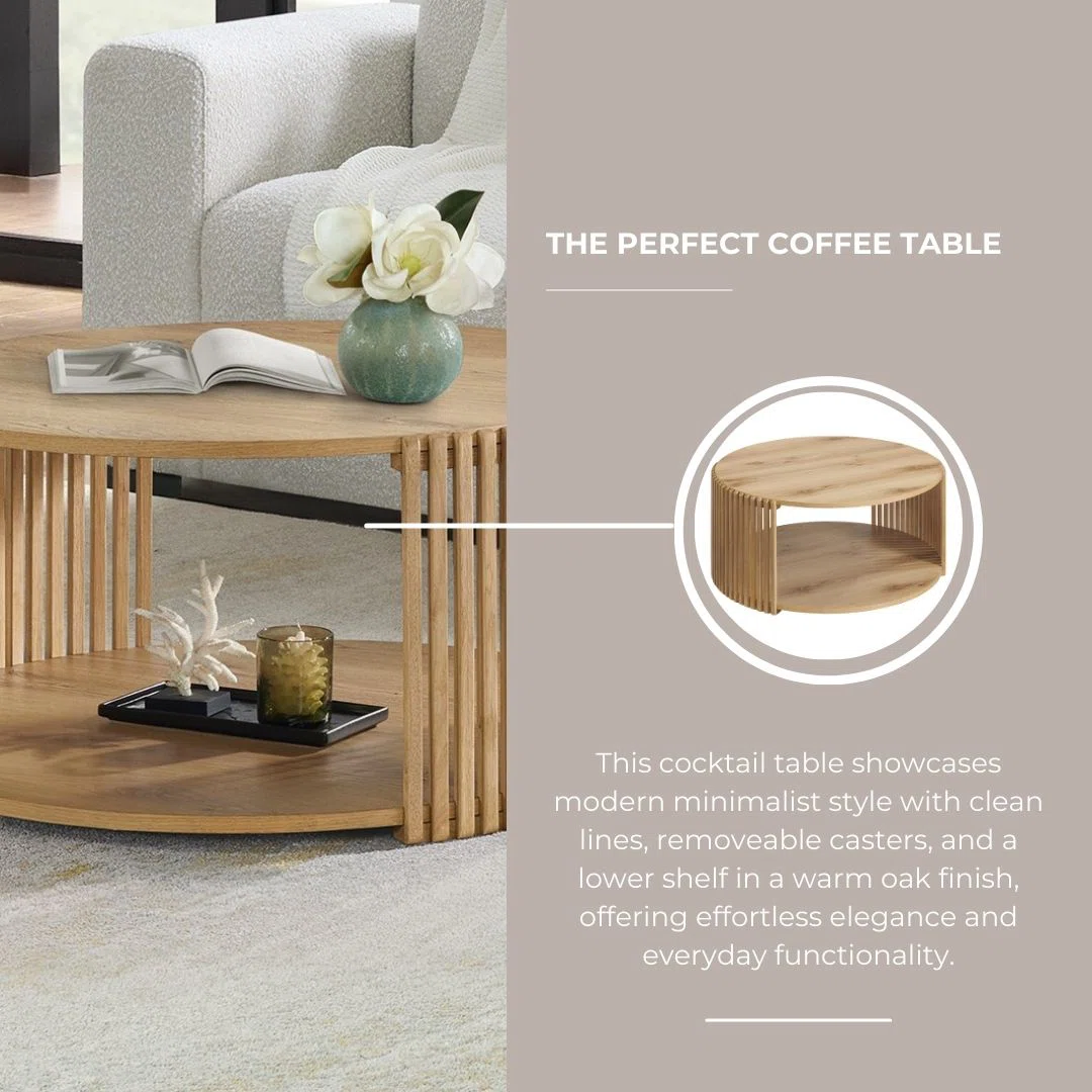 Round wood slatted coffee table with open shelf and hidden wheels, modern design in neutral finish.