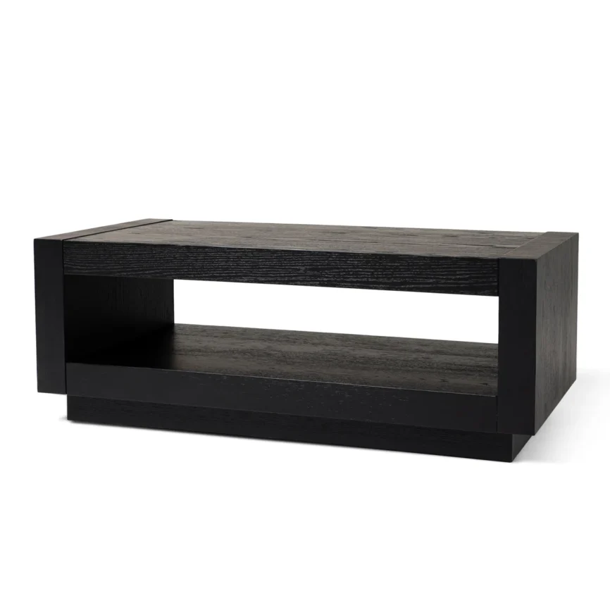 Rectangular wooden coffee table with boxy silhouette, oak veneer finish, and open shelf storage, handcrafted with natural wood grain variations