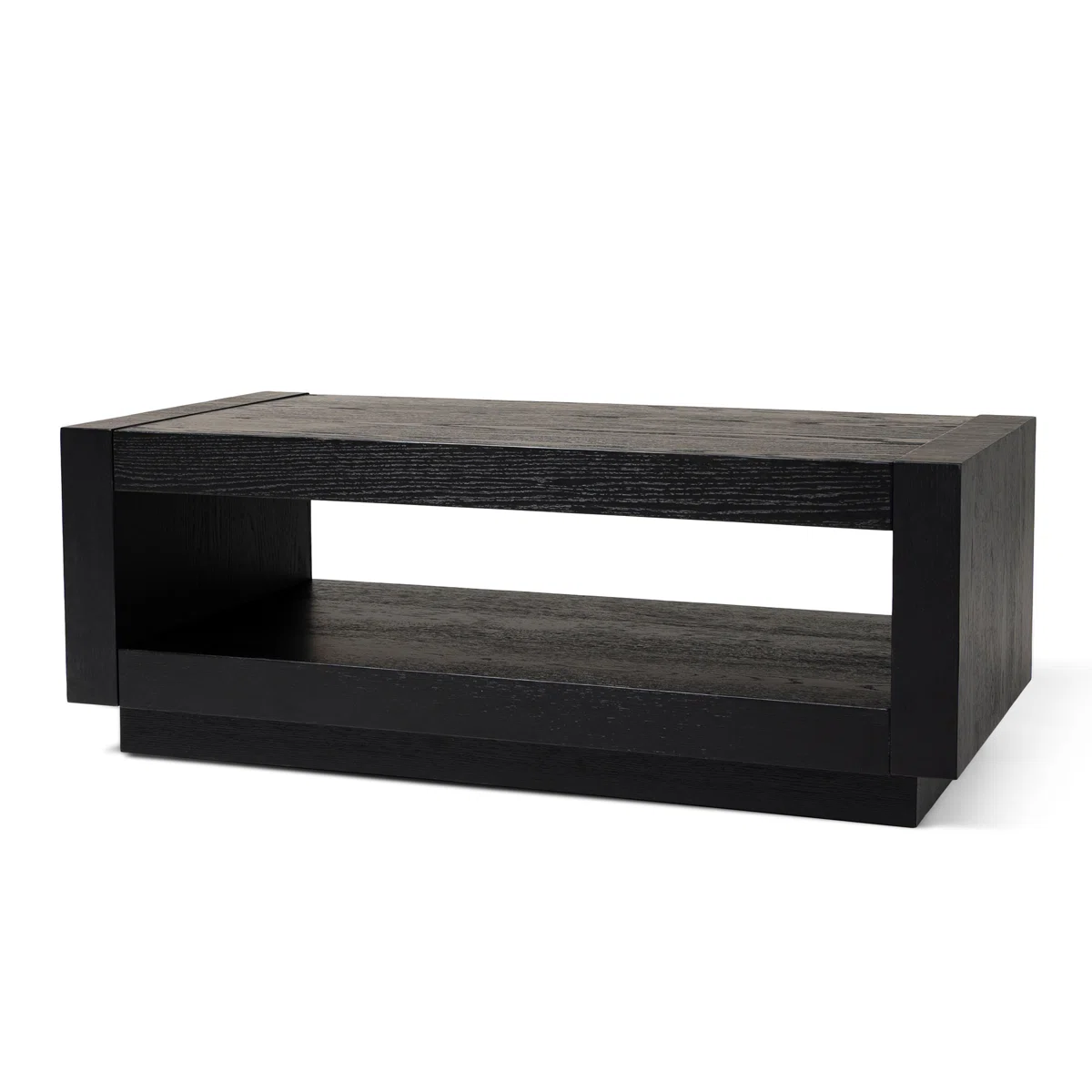 Rectangular wooden coffee table with boxy silhouette, oak veneer finish, and open shelf storage, handcrafted with natural wood grain variations