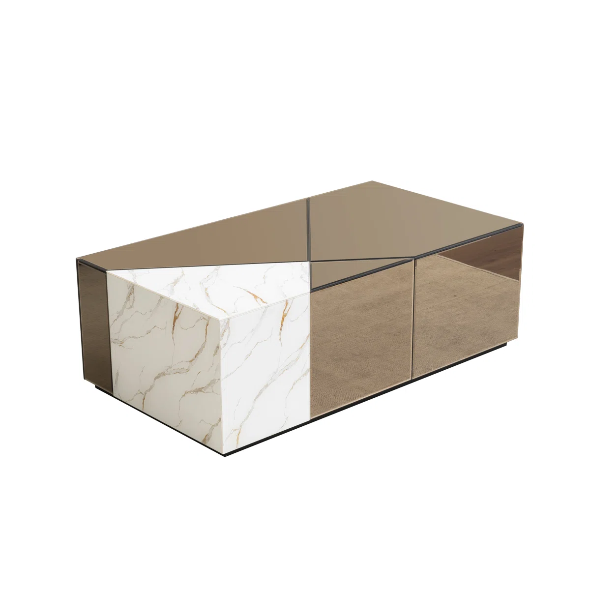 Rectangular mirrored glass coffee table with marble-look accent, low-profile design, and durable MDF frame with faux marble base.