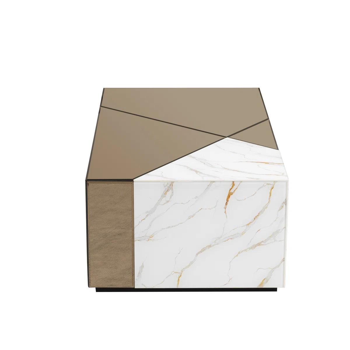Rectangular mirrored glass coffee table with marble-look accent, low-profile design, and durable MDF frame with faux marble base.