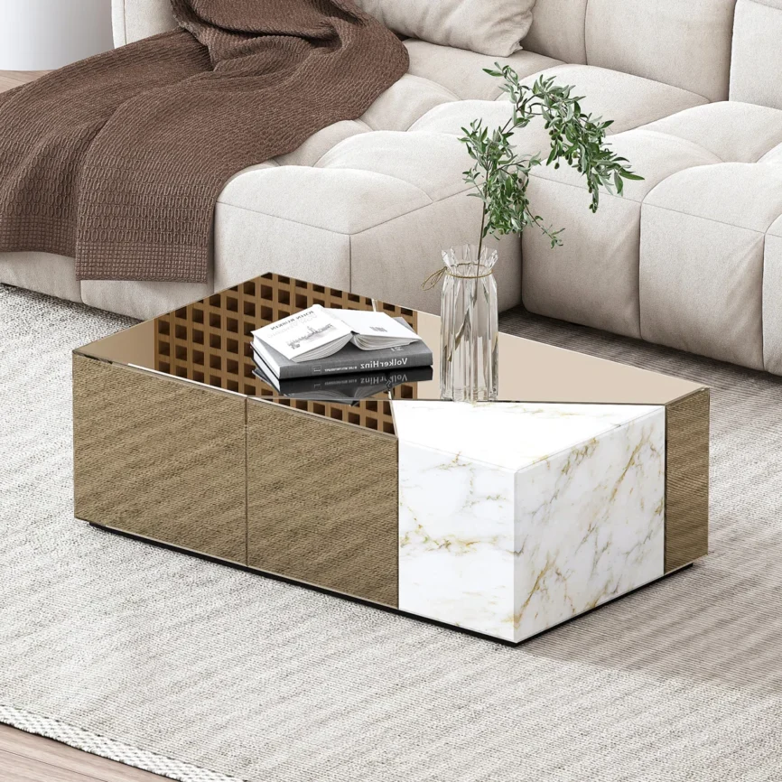 Rectangular mirrored glass coffee table with marble-look accent, low-profile design, and durable MDF frame with faux marble base.