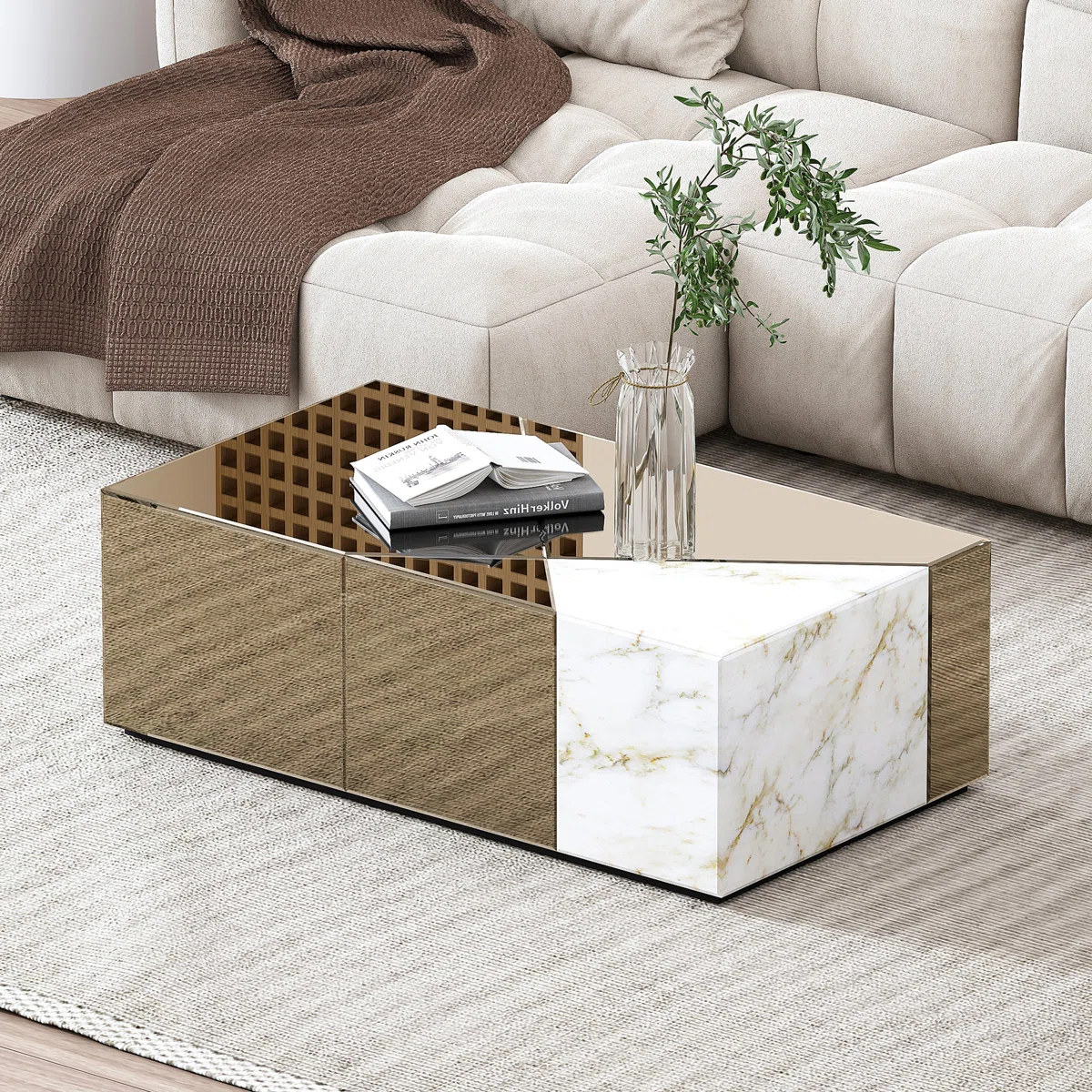 Rectangular mirrored glass coffee table with marble-look accent, low-profile design, and durable MDF frame with faux marble base.