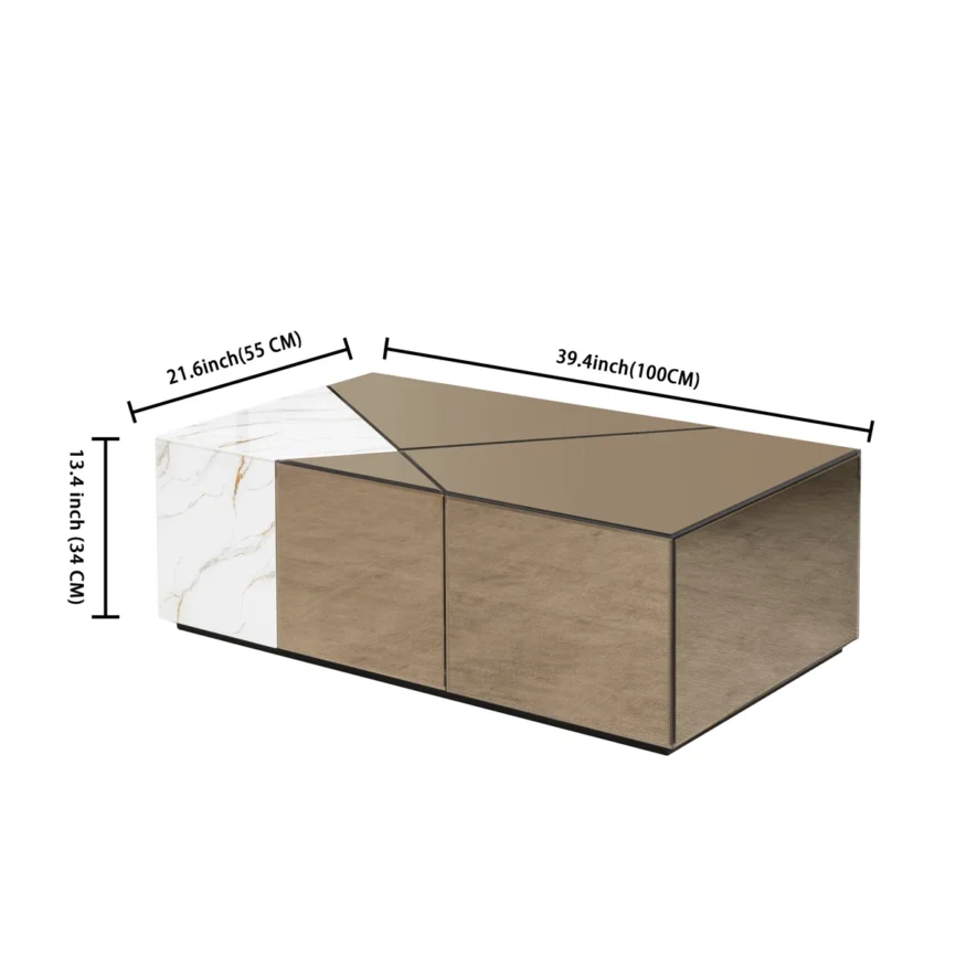 Rectangular mirrored glass coffee table with marble-look accent, low-profile design, and durable MDF frame with faux marble base.