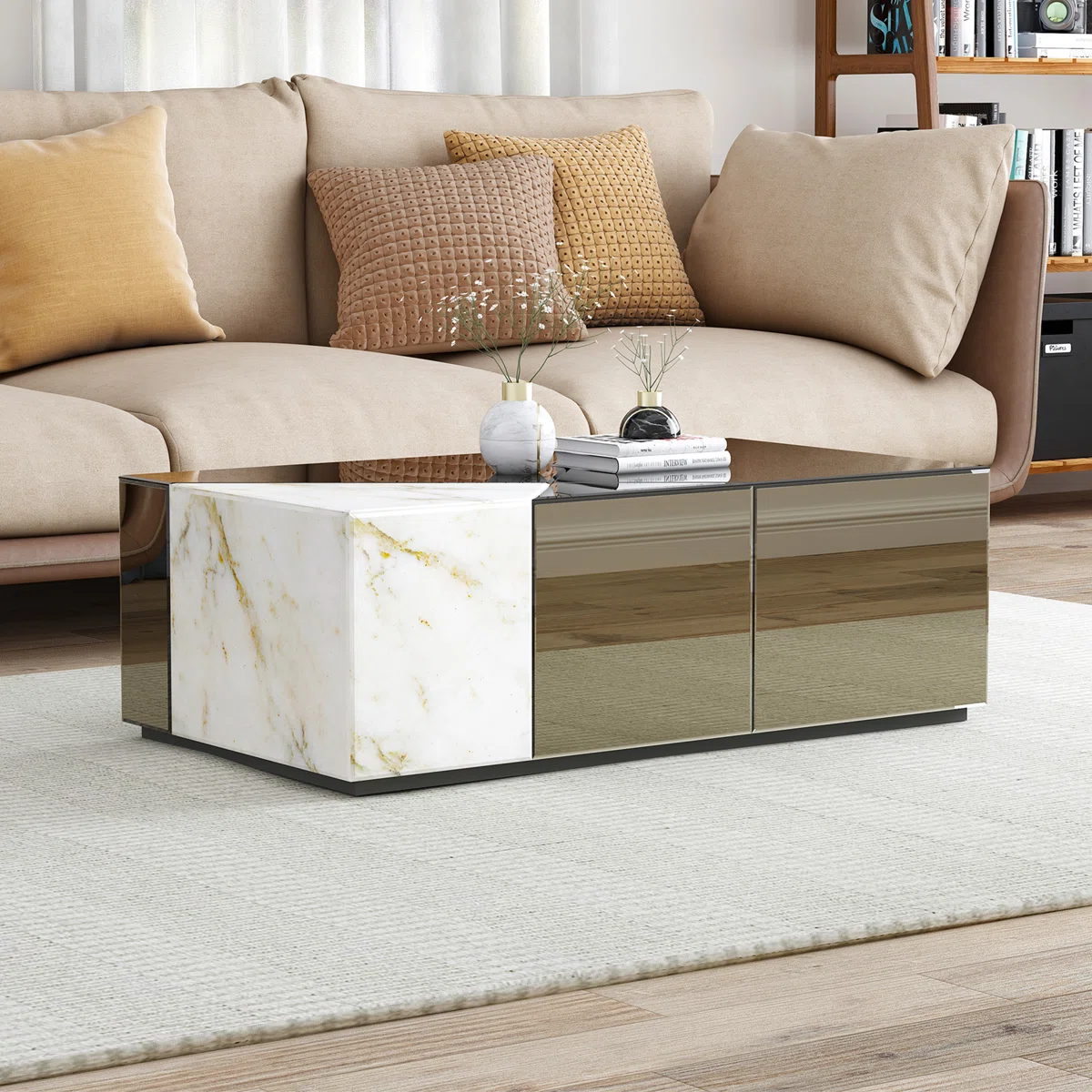 Rectangular mirrored glass coffee table with marble-look accent, low-profile design, and durable MDF frame with faux marble base.