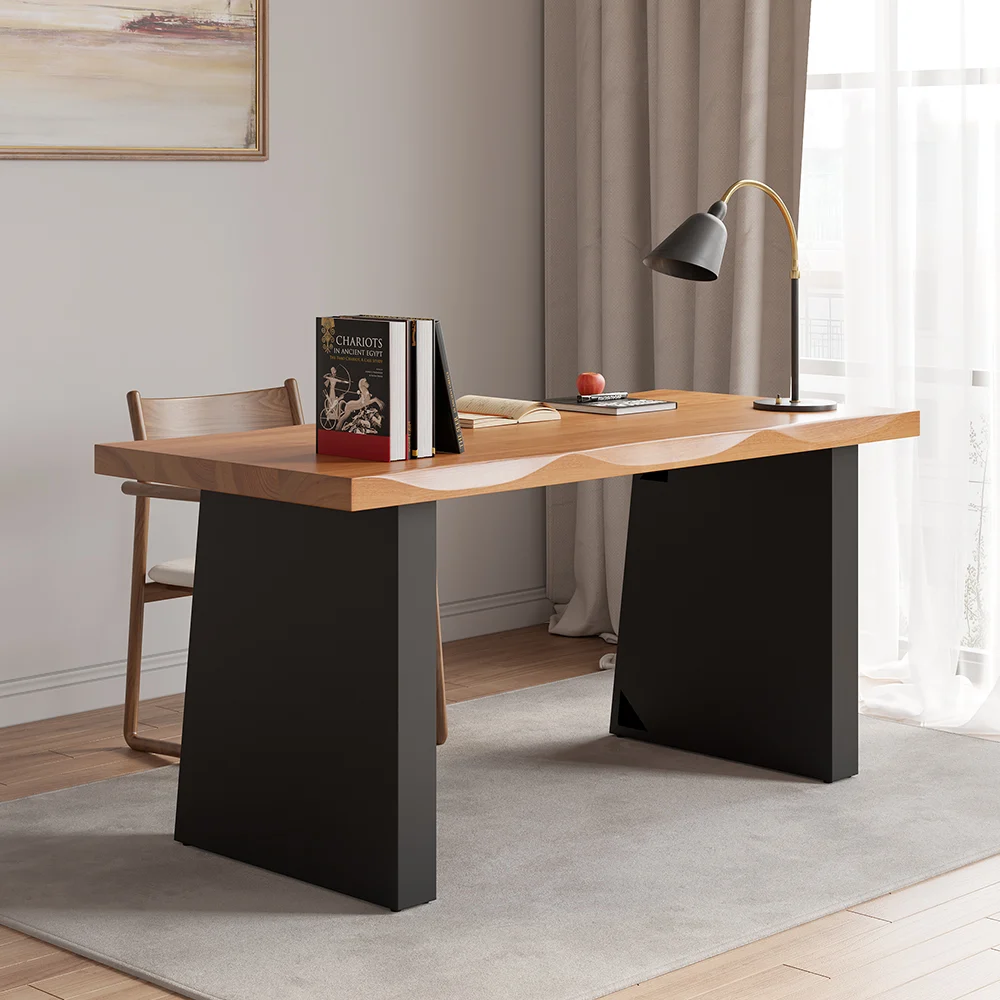 160cm industrial office desk with natural pine wood top and black steel trestle base featuring distressed detailing, ideal for modern home offices.