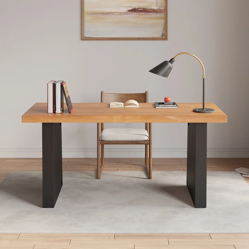 160cm industrial office desk with natural pine wood top and black steel trestle base featuring distressed detailing, ideal for modern home offices.