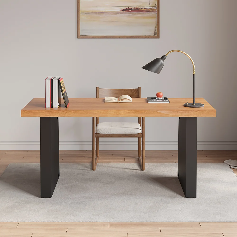 160cm industrial office desk with natural pine wood top and black steel trestle base featuring distressed detailing, ideal for modern home offices.
