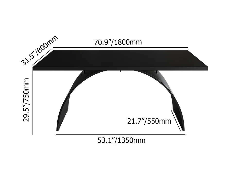 Industrial rectangular black desk with solid pine wood top and arched metal trestle base, designed for stability and modern office style