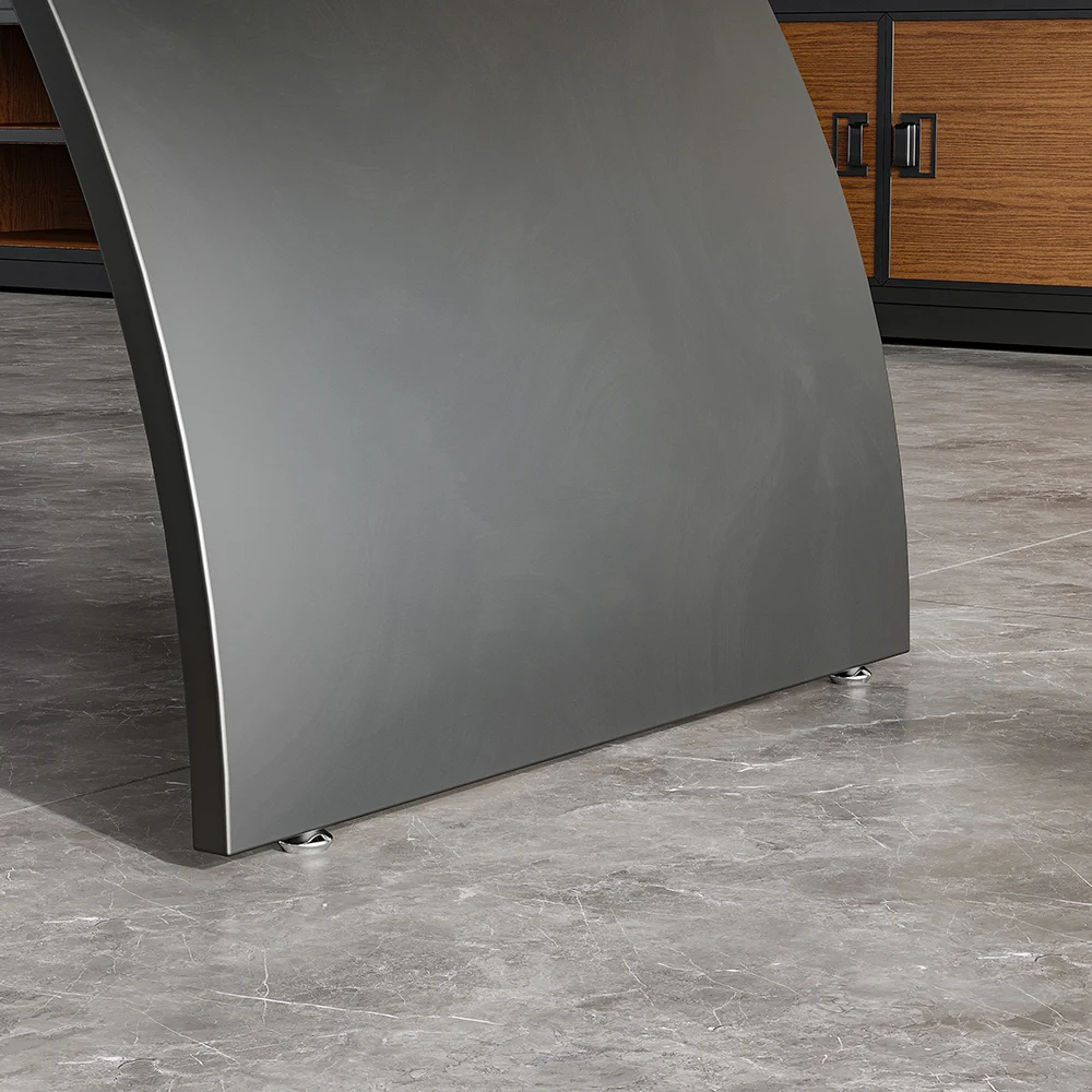 Industrial rectangular black desk with solid pine wood top and arched metal trestle base, designed for stability and modern office style