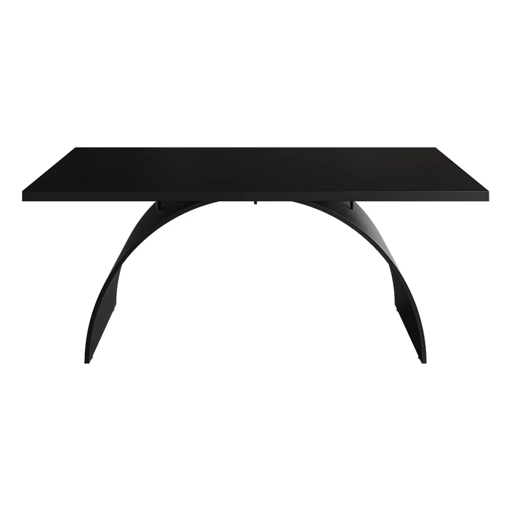 Industrial rectangular black desk with solid pine wood top and arched metal trestle base, designed for stability and modern office style