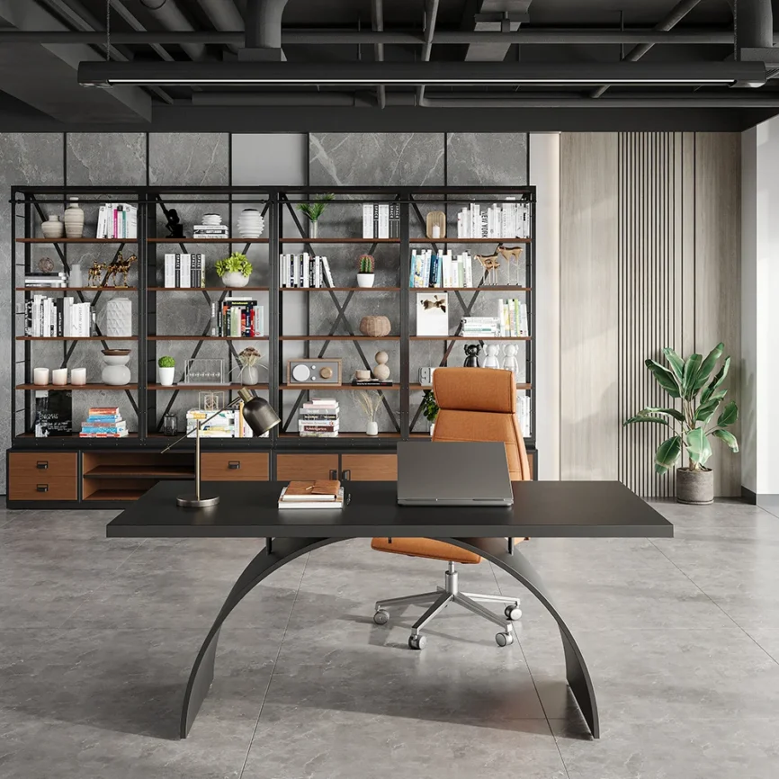 Industrial rectangular black desk with solid pine wood top and arched metal trestle base, designed for stability and modern office style