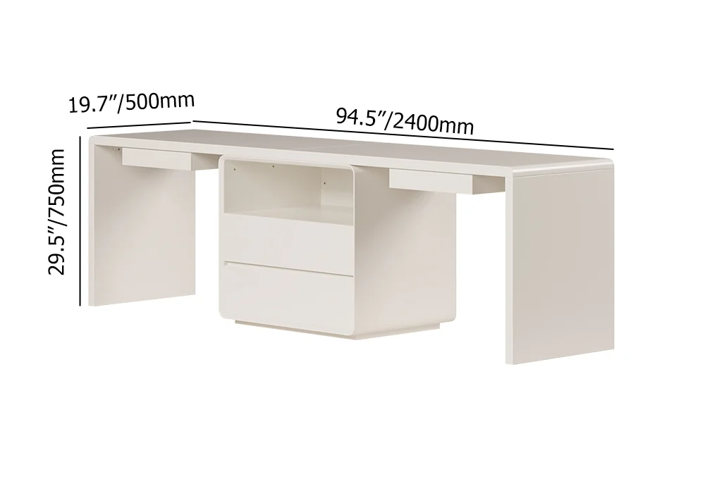 Modern white double workstation desk with 240 cm rectangular surface, four drawers, one cabinet, and trestle base.