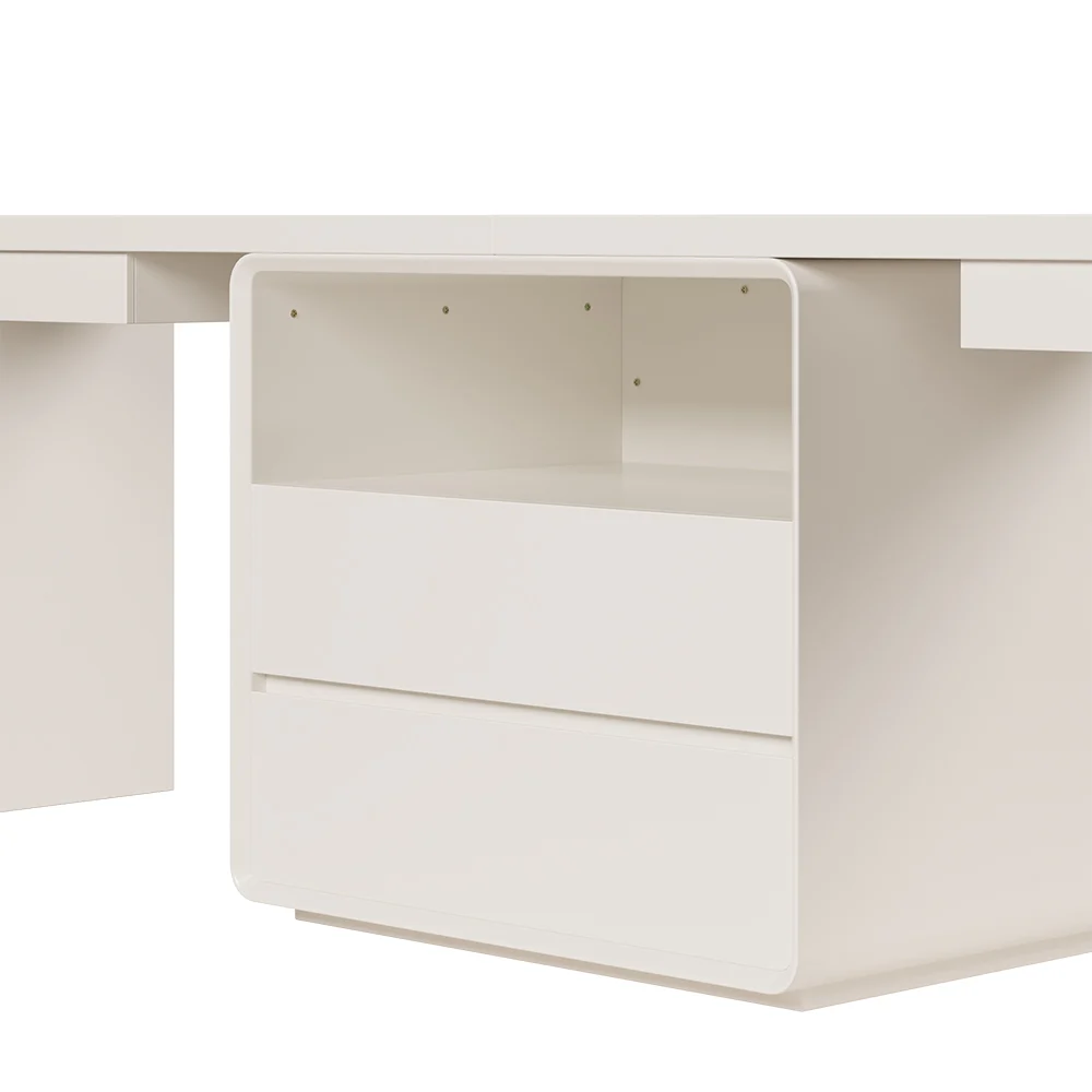 Modern white double workstation desk with 240 cm rectangular surface, four drawers, one cabinet, and trestle base.