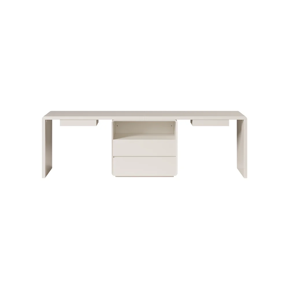 Modern white double workstation desk with 240 cm rectangular surface, four drawers, one cabinet, and trestle base.