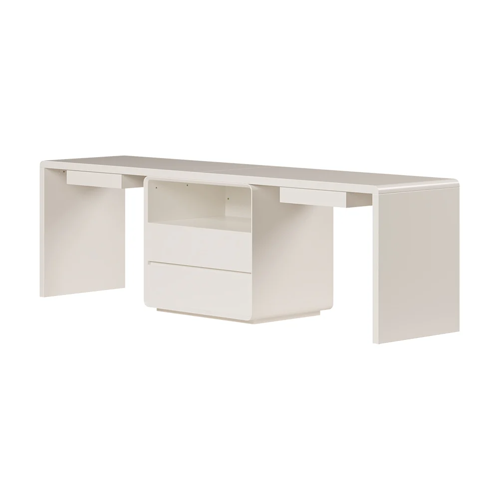 Modern white double workstation desk with 240 cm rectangular surface, four drawers, one cabinet, and trestle base.