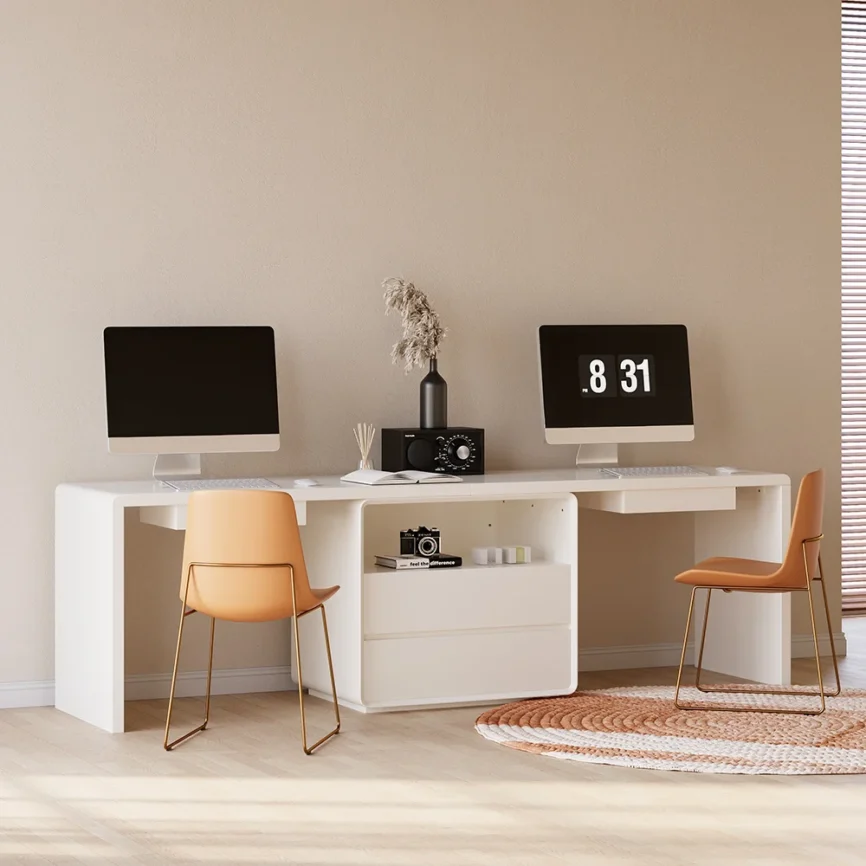 Modern white double workstation desk with 240 cm rectangular surface, four drawers, one cabinet, and trestle base.
