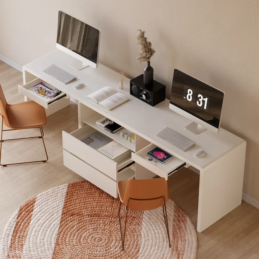 Modern white double workstation desk with 240 cm rectangular surface, four drawers, one cabinet, and trestle base.