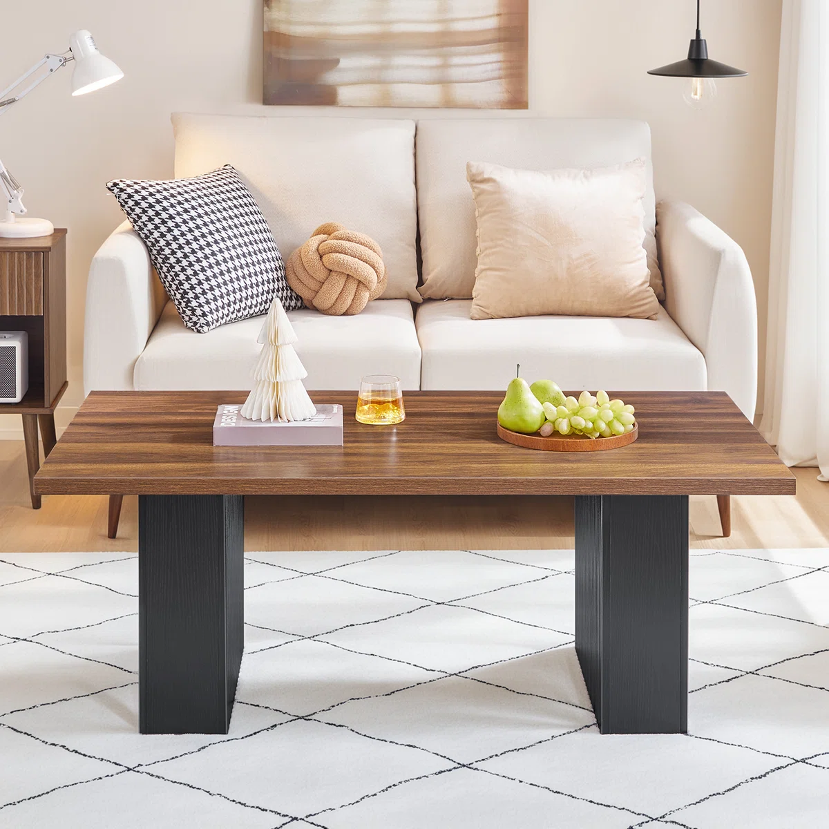 Rectangular farmhouse coffee table in walnut and black finish, 120 cm wide, sturdy wood construction with wave-pattern legs, suitable for living room or office