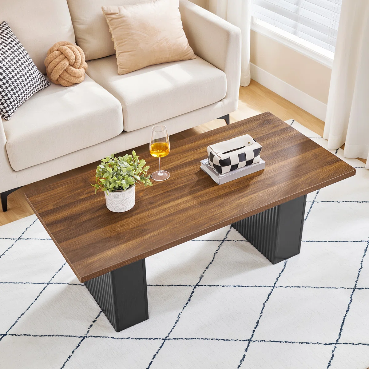 Rectangular farmhouse coffee table in walnut and black finish, 120 cm wide, sturdy wood construction with wave-pattern legs, suitable for living room or office