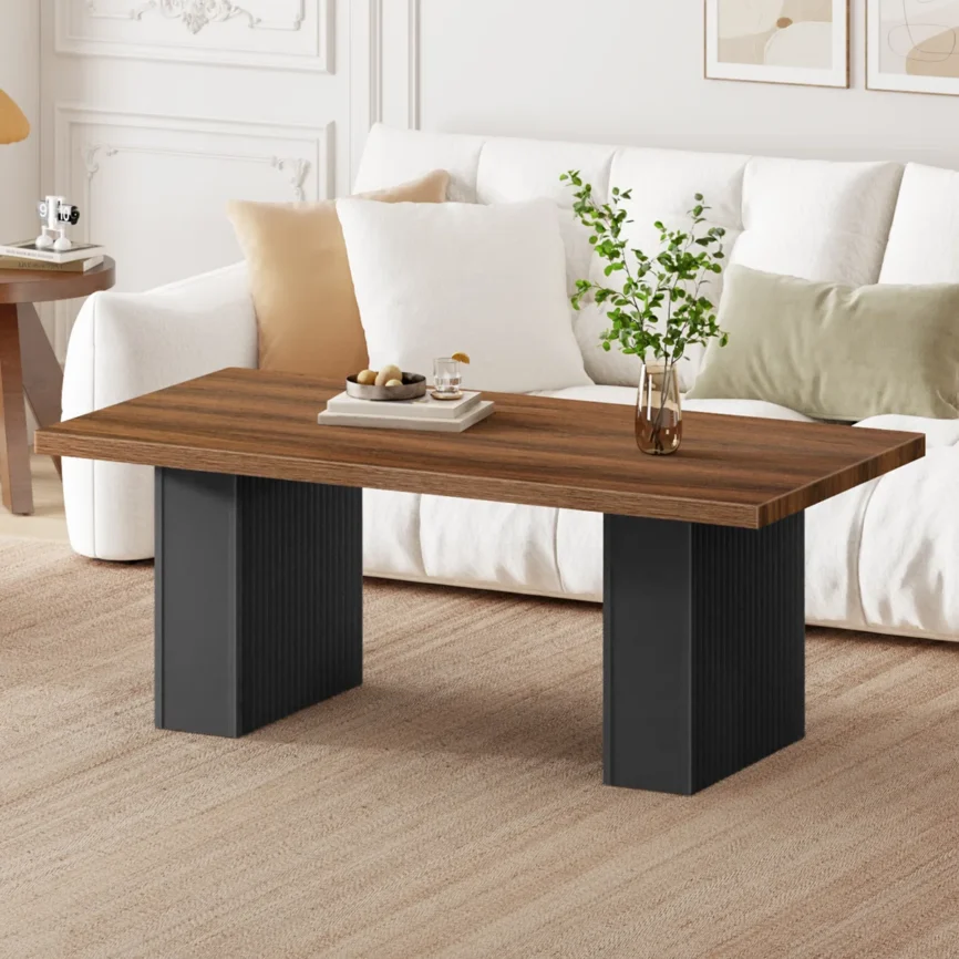 Rectangular farmhouse coffee table in walnut and black finish, 120 cm wide, sturdy wood construction with wave-pattern legs, suitable for living room or office
