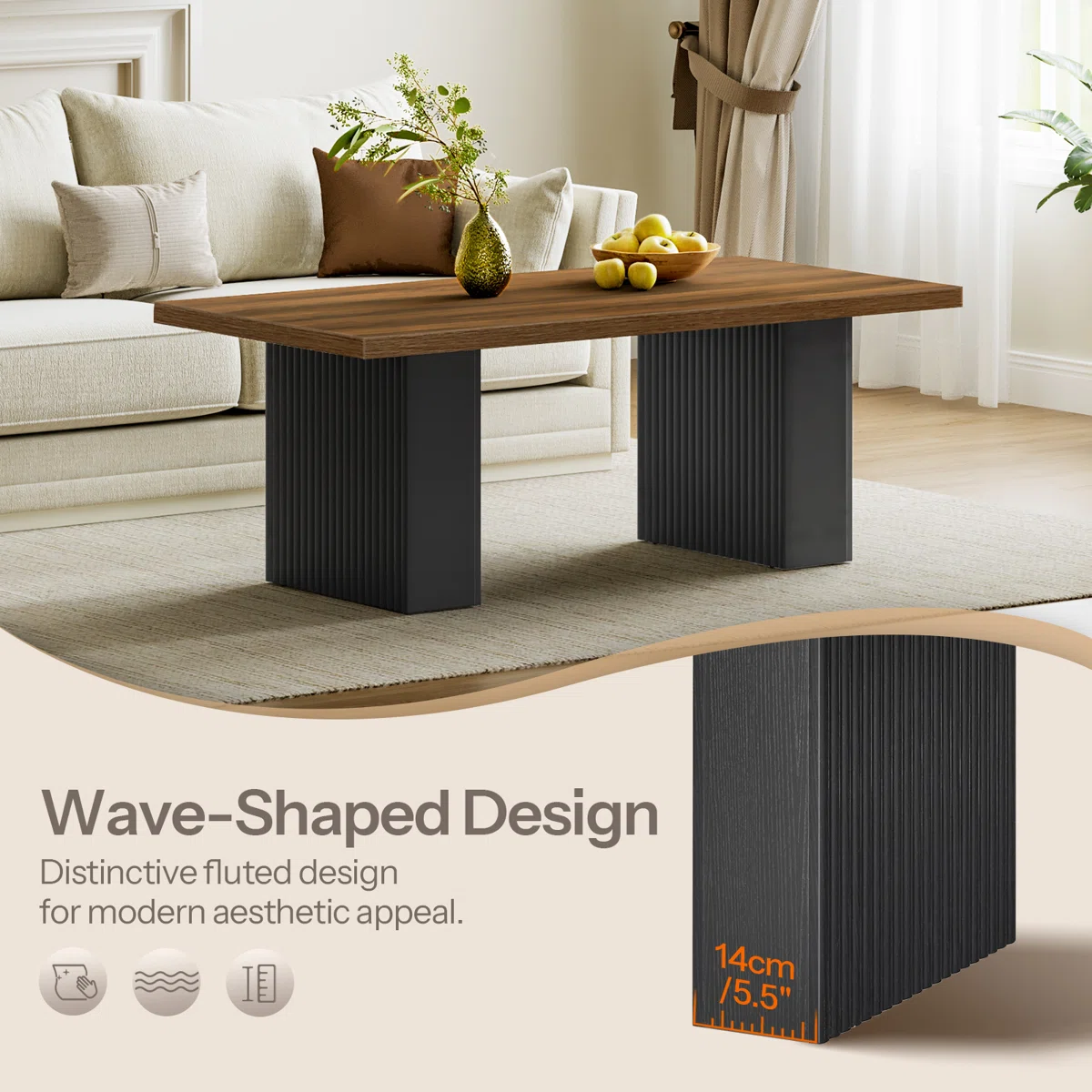 Rectangular farmhouse coffee table in walnut and black finish, 120 cm wide, sturdy wood construction with wave-pattern legs, suitable for living room or office