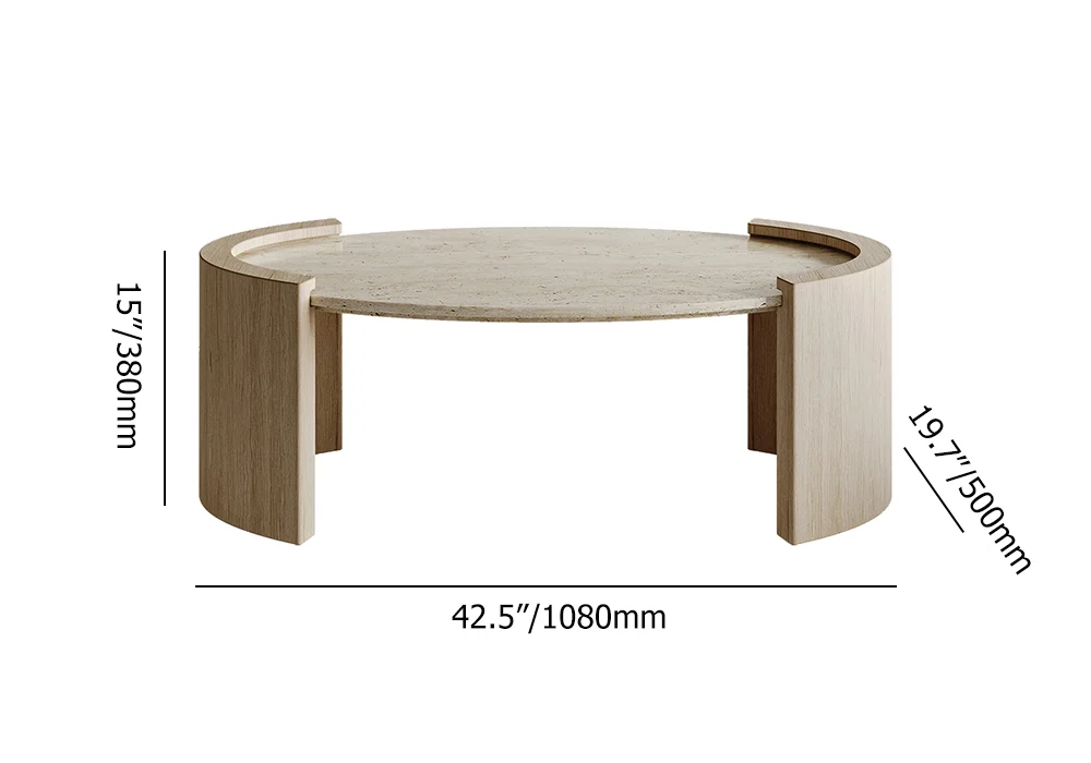 Japandi oval coffee table with beige travertine stone top and natural wooden double pedestal base