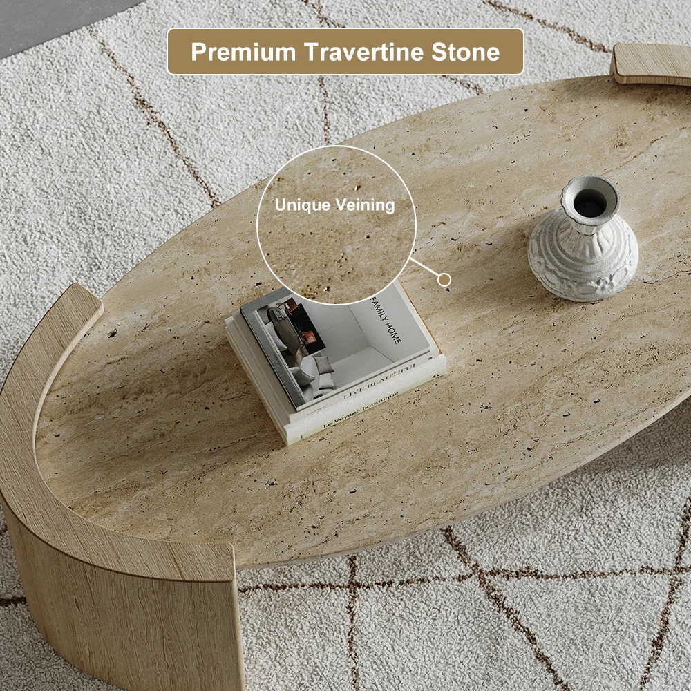 Japandi oval coffee table with beige travertine stone top and natural wooden double pedestal base