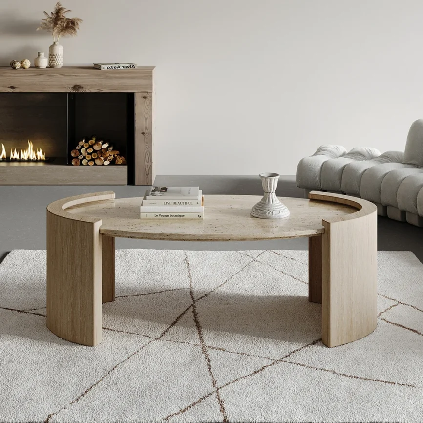 Japandi oval coffee table with beige travertine stone top and natural wooden double pedestal base