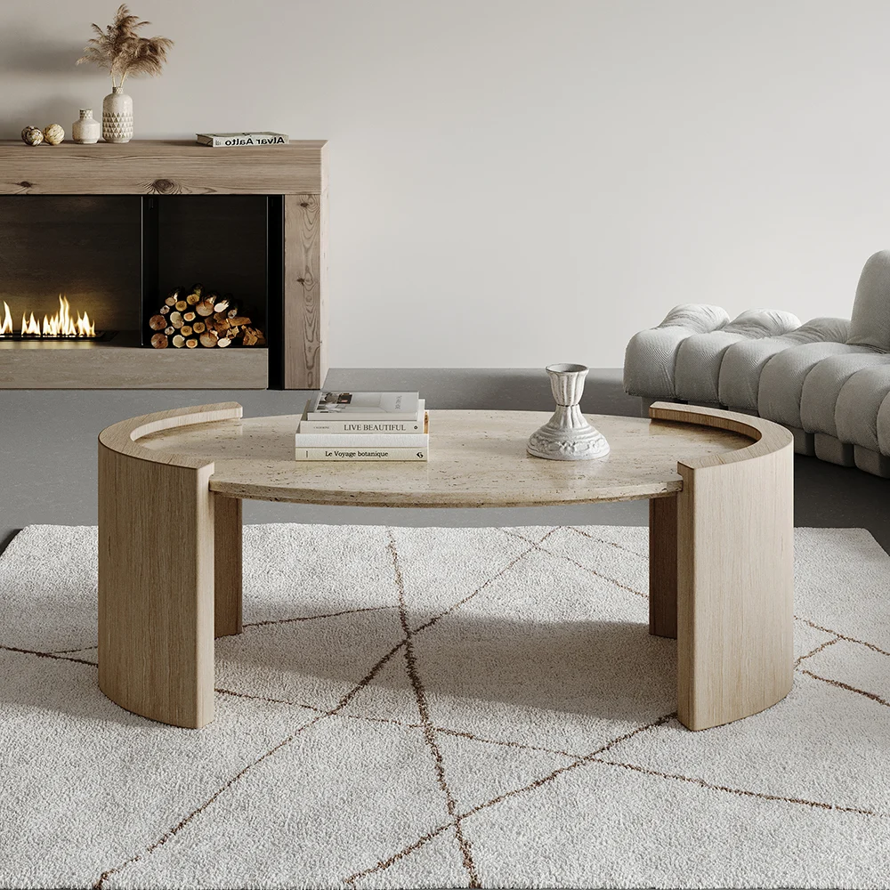 Japandi oval coffee table with beige travertine stone top and natural wooden double pedestal base