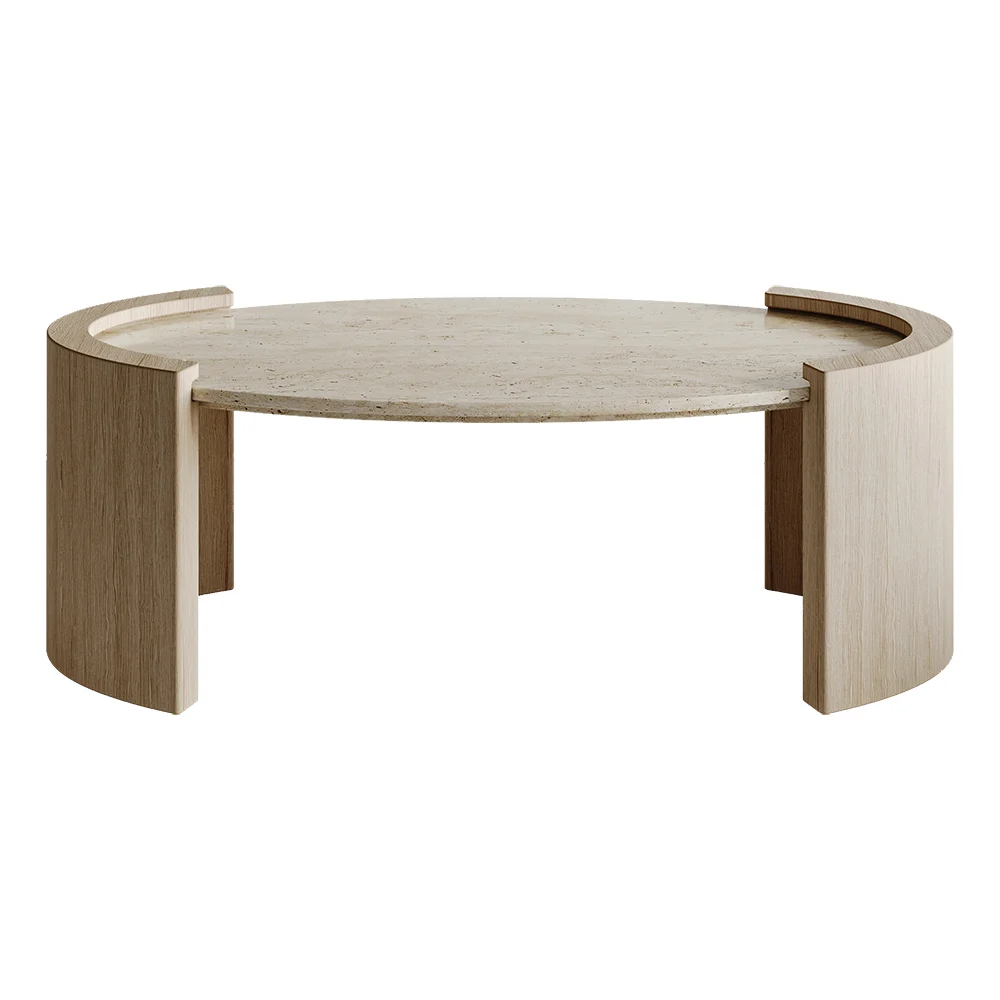 Japandi oval coffee table with beige travertine stone top and natural wooden double pedestal base