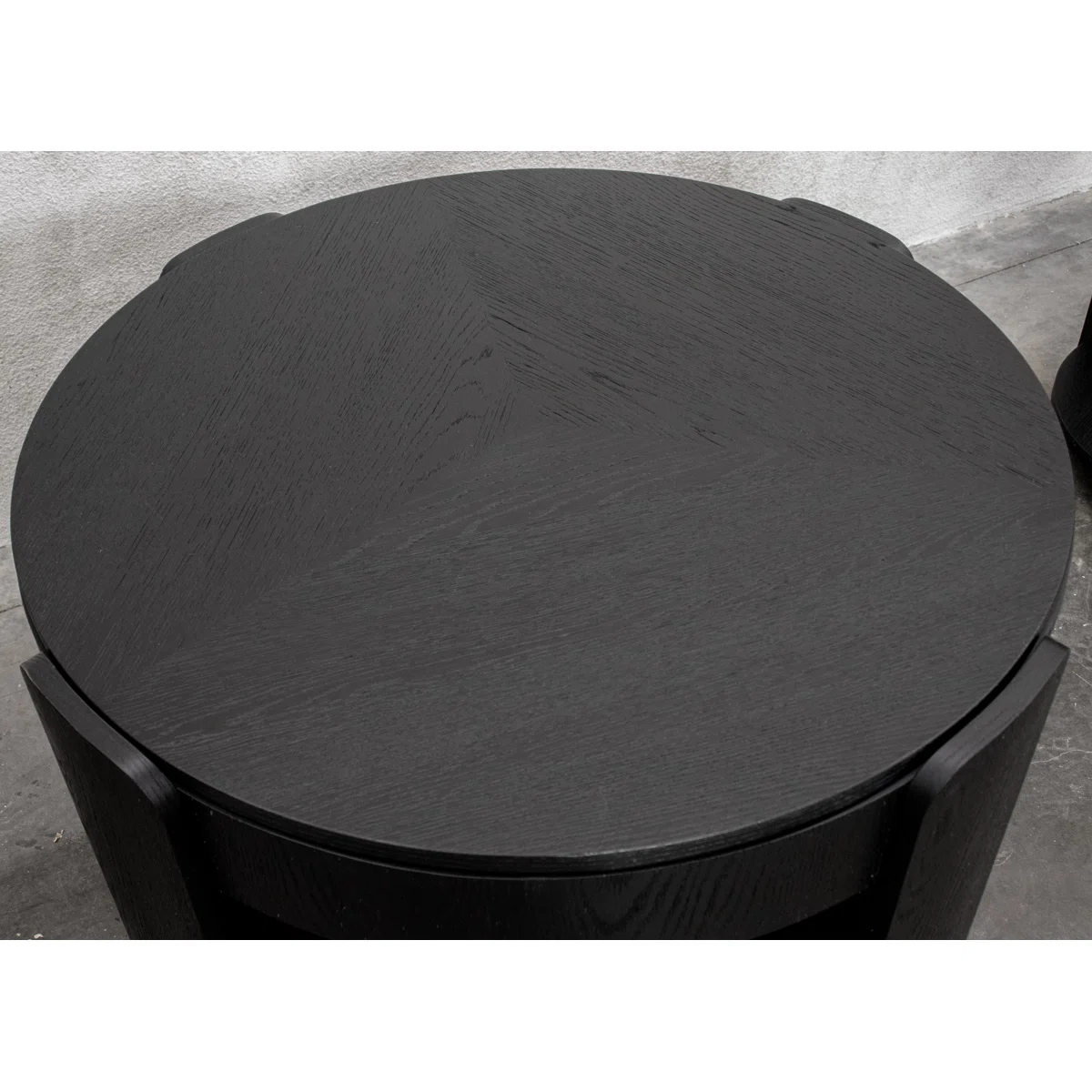 Liora Midnight Oak Lift-Top Coffee Table with round top, hidden storage, lower shelf, straight legs, and removable casters