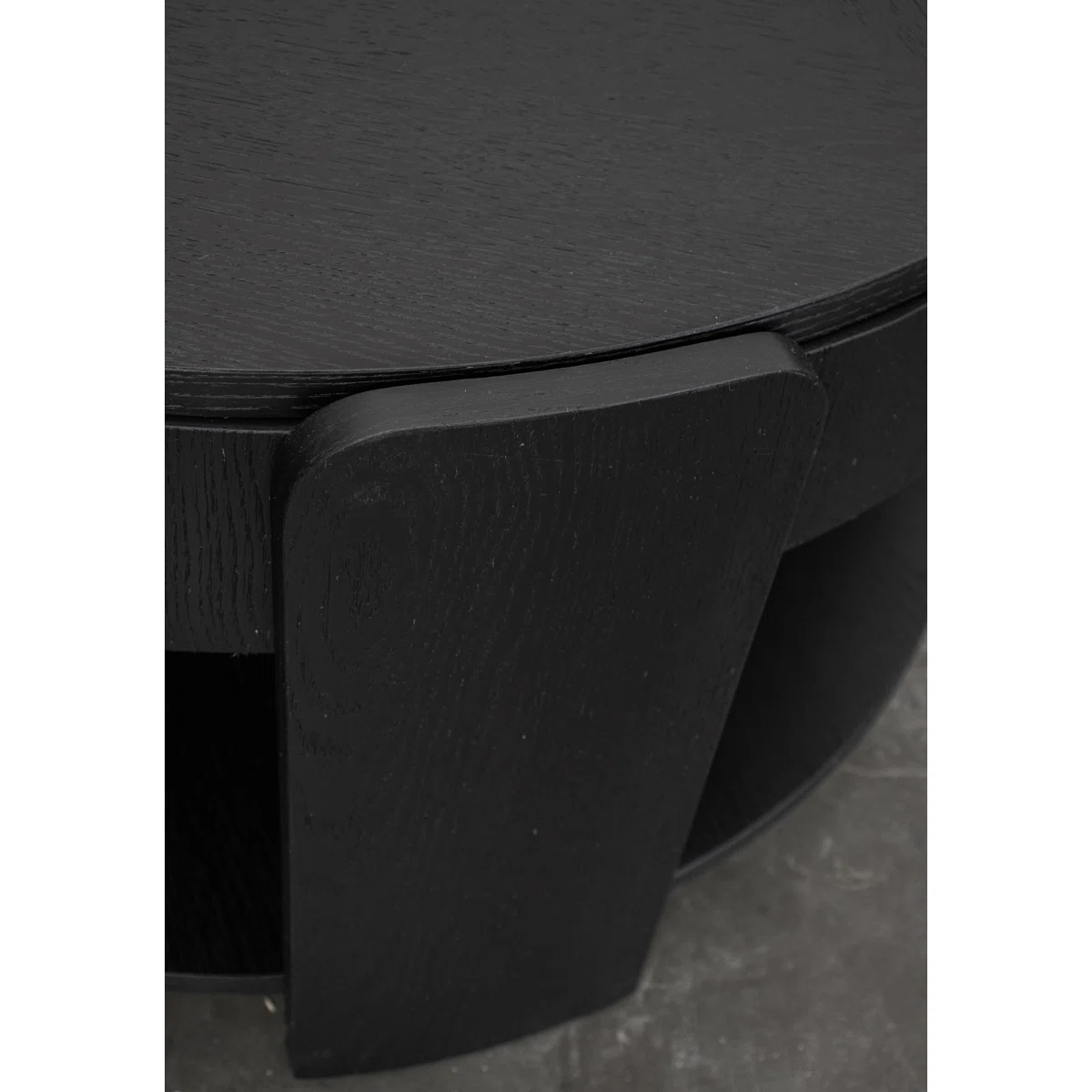 Liora Midnight Oak Lift-Top Coffee Table with round top, hidden storage, lower shelf, straight legs, and removable casters