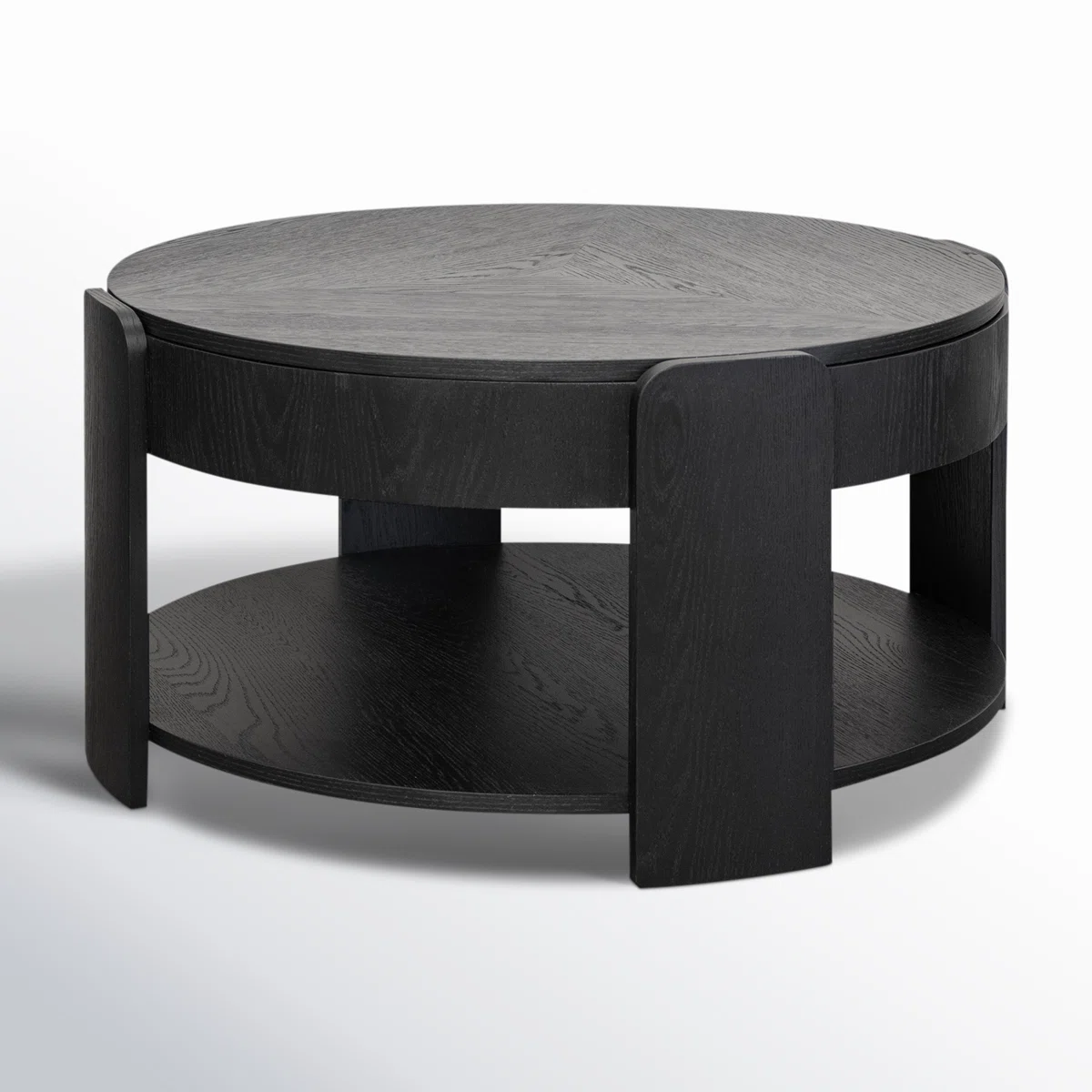 Liora Midnight Oak Lift-Top Coffee Table with round top, hidden storage, lower shelf, straight legs, and removable casters