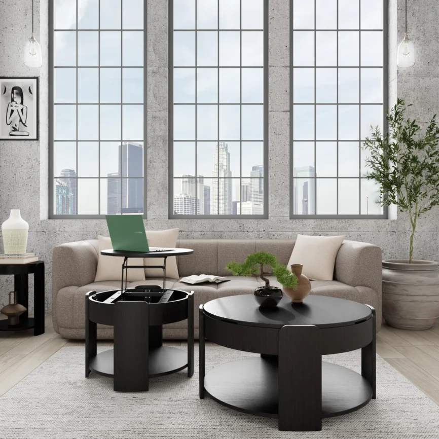 Liora Midnight Oak Lift-Top Coffee Table with round top, hidden storage, lower shelf, straight legs, and removable casters