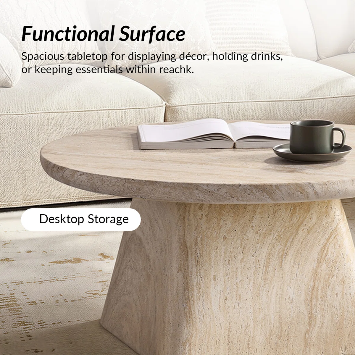 Liora Modern Coffee Table with round concrete pedestal base and marble-inspired textured top, minimalist design for contemporary living room