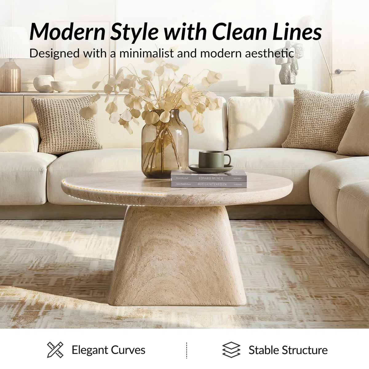 Liora Modern Coffee Table with round concrete pedestal base and marble-inspired textured top, minimalist design for contemporary living room