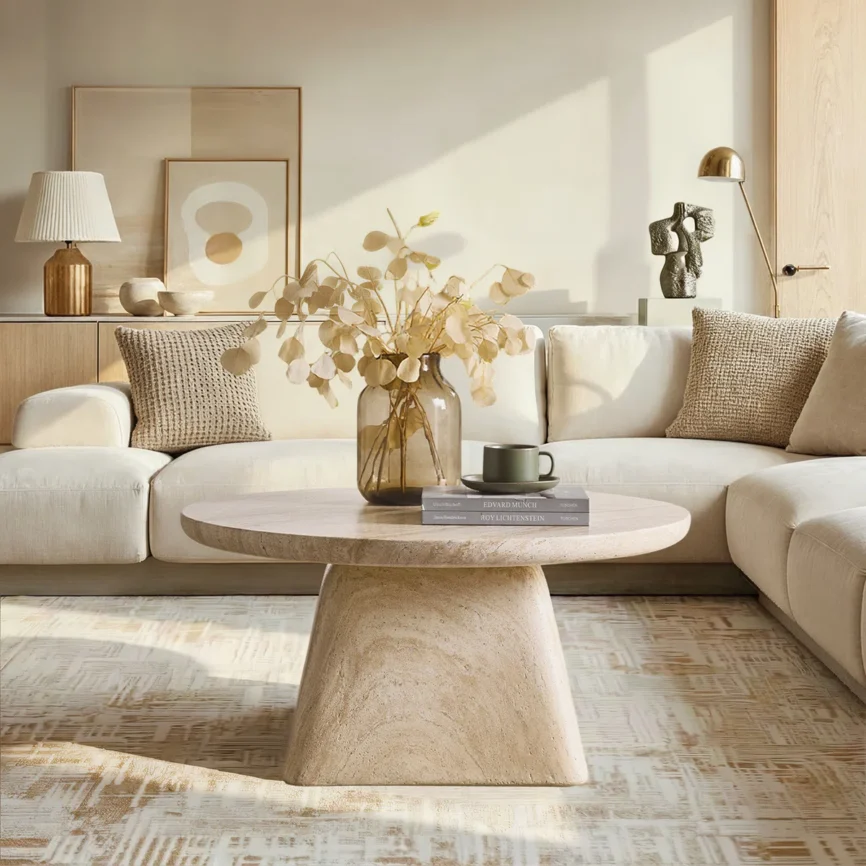 Liora Modern Coffee Table with round concrete pedestal base and marble-inspired textured top, minimalist design for contemporary living room