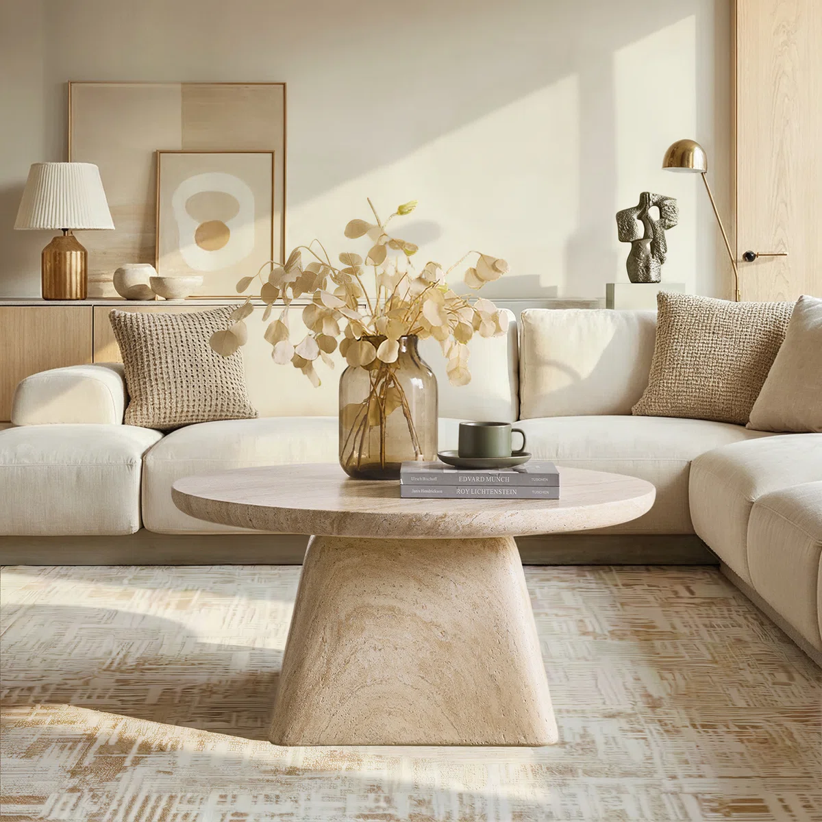 Liora Modern Coffee Table with round concrete pedestal base and marble-inspired textured top, minimalist design for contemporary living room