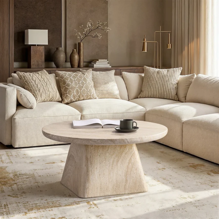 Liora Modern Coffee Table with round concrete pedestal base and marble-inspired textured top, minimalist design for contemporary living room