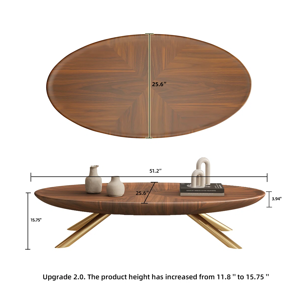 Liora Retro Oval Coffee Table with wood-grain finish and gold stainless-steel legs, 60 cm tall, styled in a modern living room