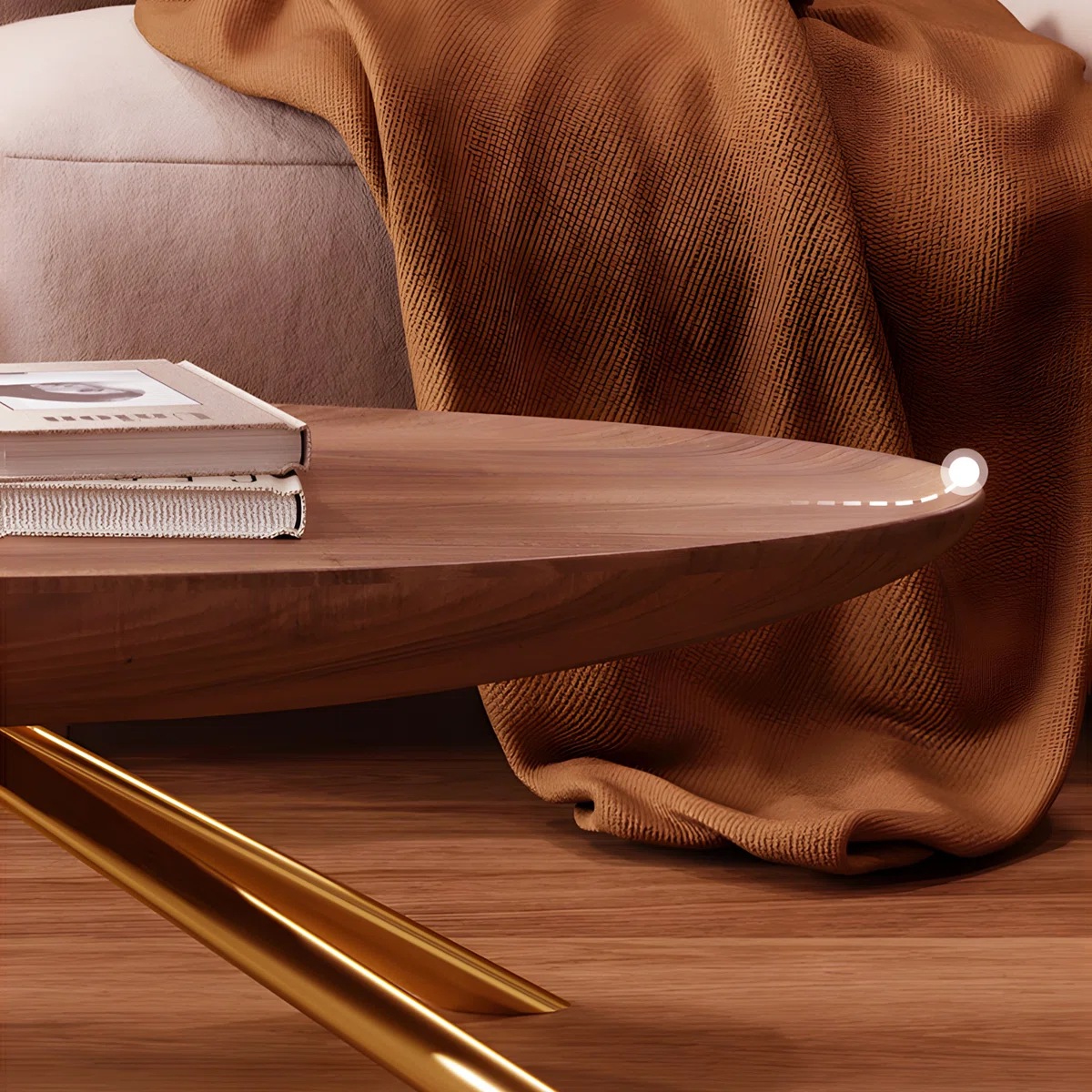 Liora Retro Oval Coffee Table with wood-grain finish and gold stainless-steel legs, 60 cm tall, styled in a modern living room